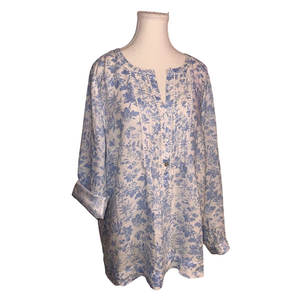 J. Jill Love Linen Floral Tunic Top Large Blue White 100% Linen Long Sleeve Boho - Picture 7 of 12